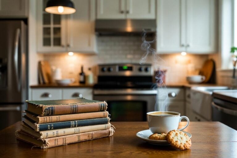 AI generated: cozy kitchen with white cabinets, stack of old cookbooks on table with coffee and cookies.