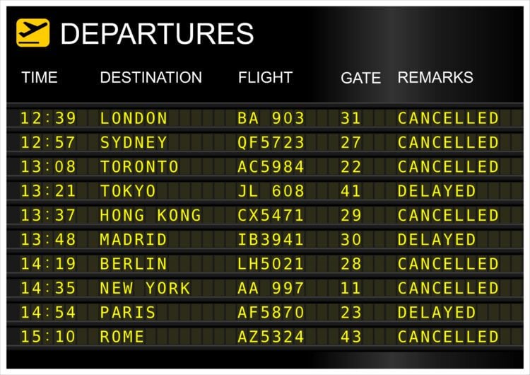 image: canceled flight schedule board at airport