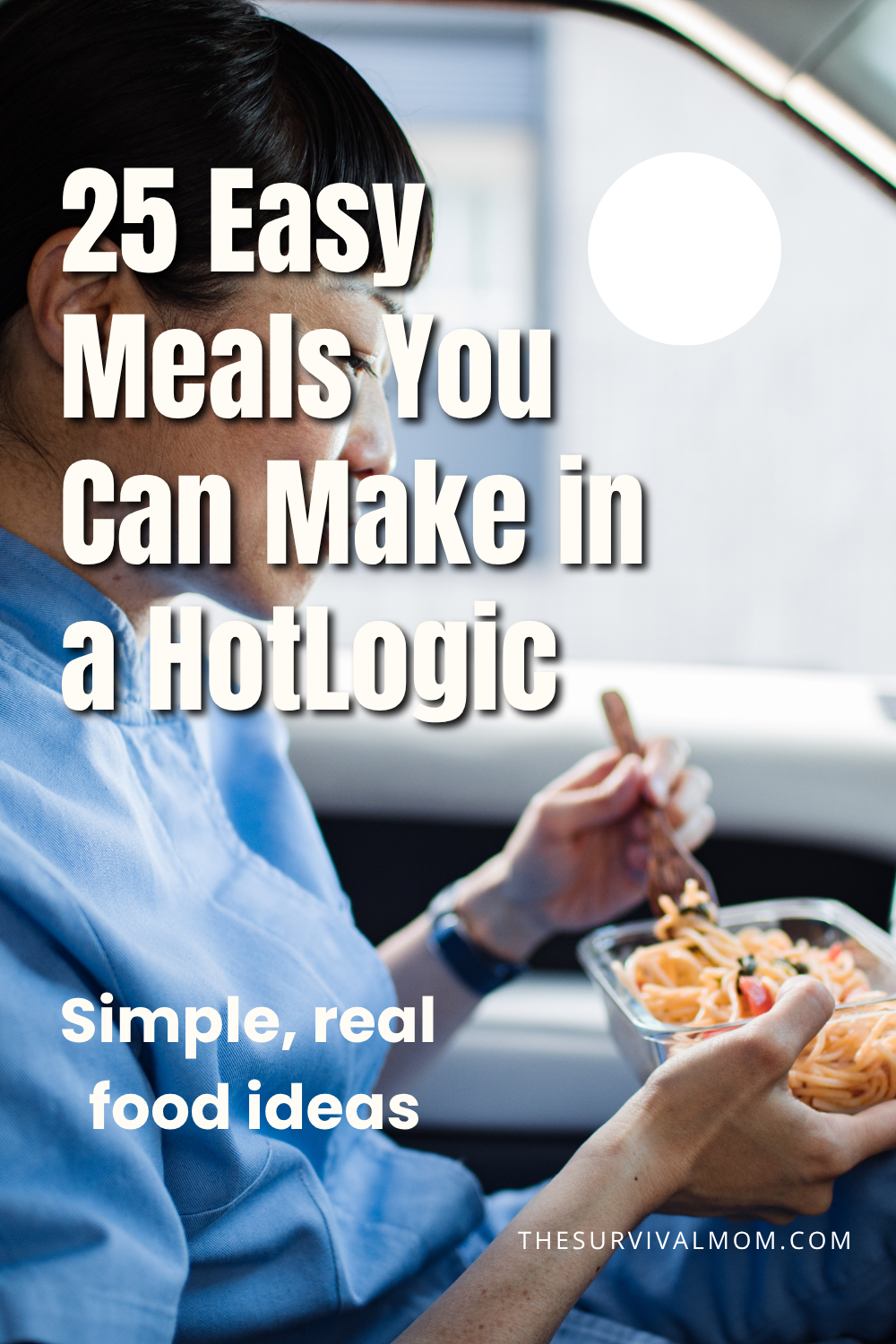 image: woman in blue shirt eating from a bowl in her car