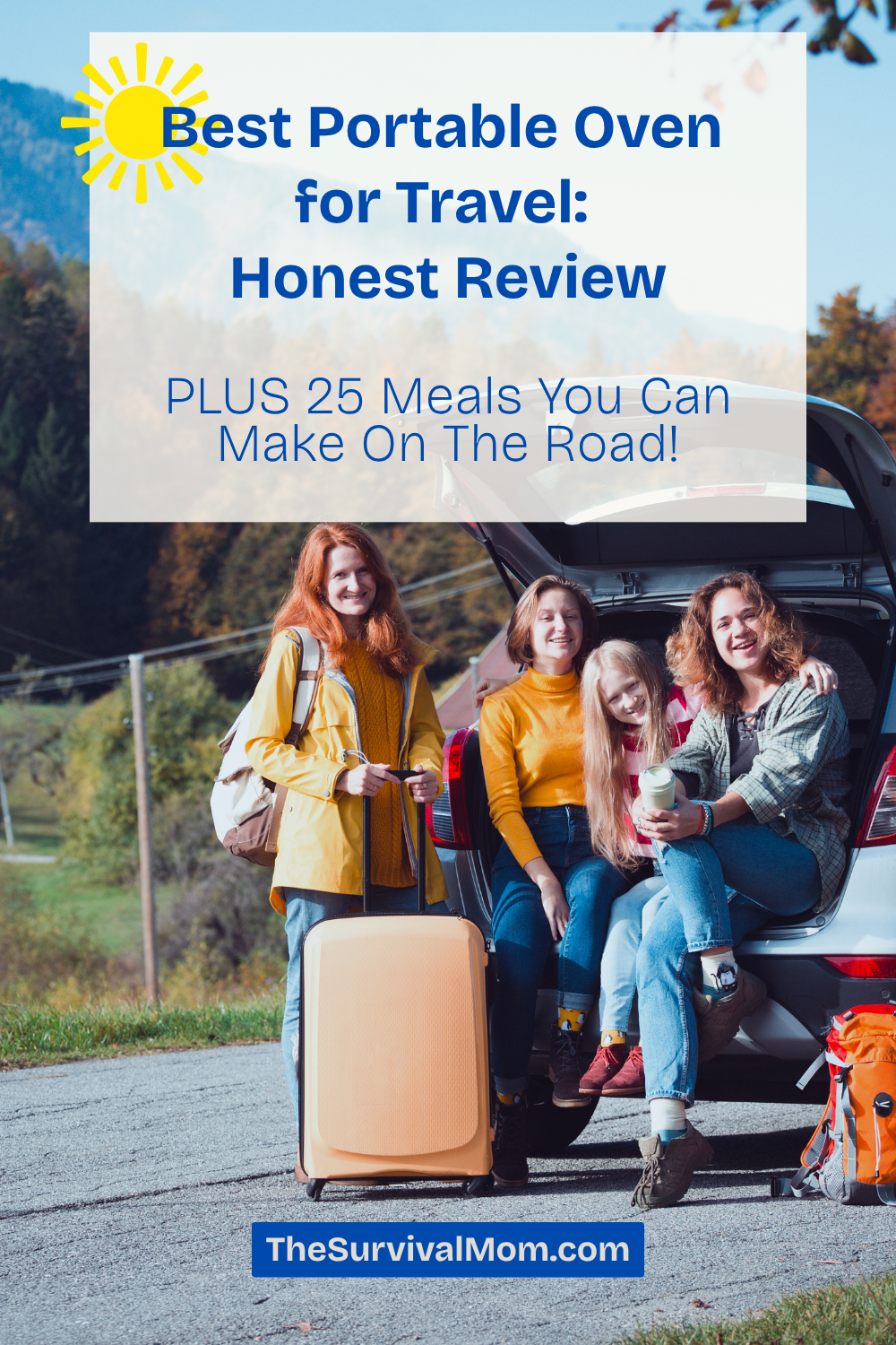 image: family sitting on car, road trip with suitcase