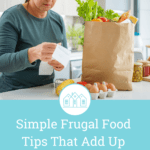 image: woman with bag of groceries inspecting grocery receipt