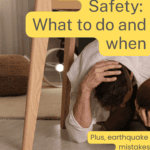 woman sheltering under table for earthquake drill