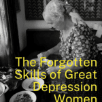 black and white photo of elderly woman in kitchen