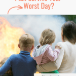 mom and two children looking at a fire