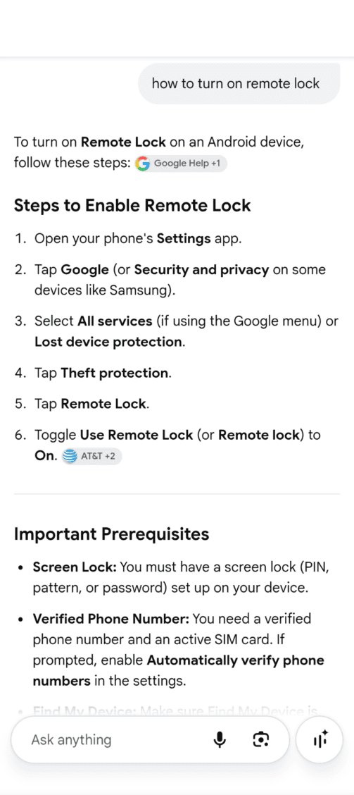 screenshot of Android instructions to enable remote lock